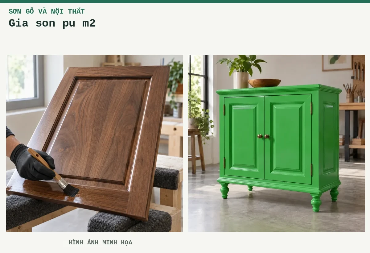 Gia son pu m2 – Hình ảnh minh họa: Cánh tủ gỗ óc chó phủ lớp sơn bóng trong, thao tác quét lớp phủ tại mép dưới trên bàn hoàn thiện; tủ gỗ hoàn thiện lớp sơn.