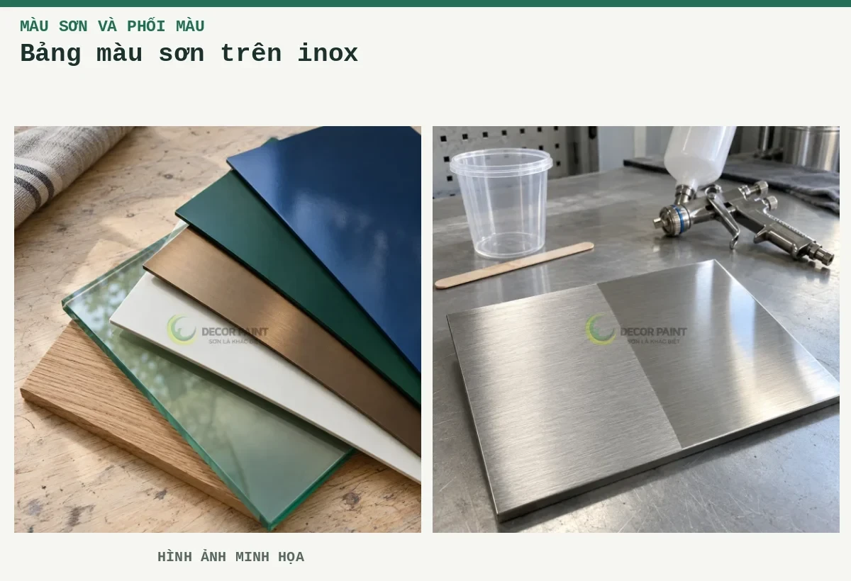 Bảng màu sơn trên inox – Hình ảnh minh họa: Minh họa các mẫu hoàn thiện trên kim loại, kính và gỗ với nhiều màu sắc; Minh họa mẫu inox xước trước và sau khi phủ trong, cùng dụng cụ chuẩn bị sơn.