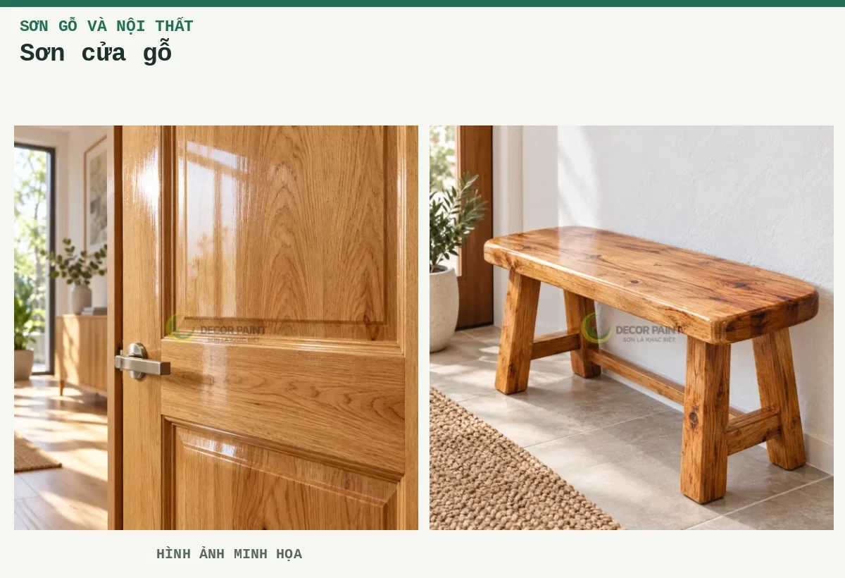 Sơn cửa gỗ – Hình ảnh minh họa: Cửa gỗ phủ bóng trong; Ghế băng gỗ phủ bóng trong.