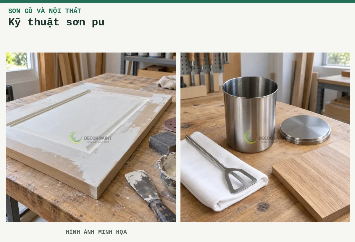 Kỹ thuật sơn pu – Hình ảnh minh họa: Chuẩn bị cánh gỗ với bột trám trắng; Mẫu gỗ và cốc trộn.