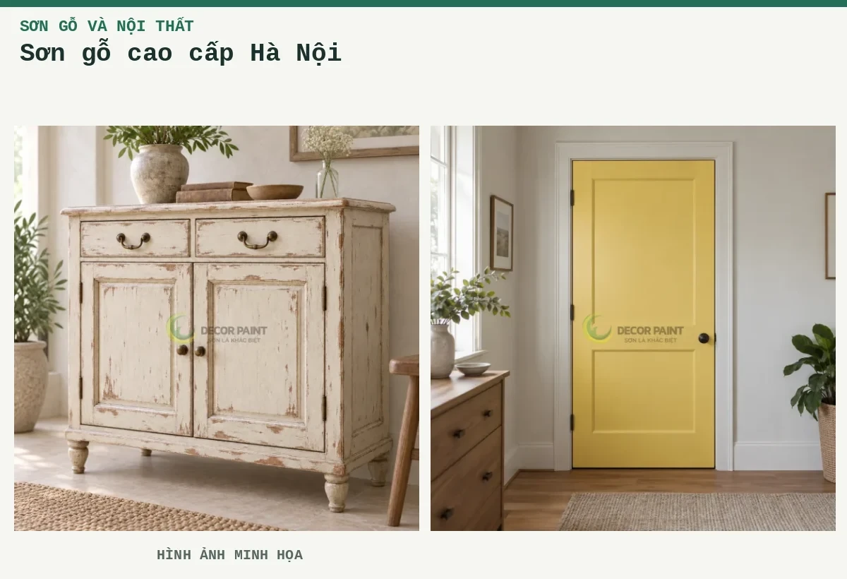 Sơn gỗ cao cấp Hà Nội – Hình ảnh minh họa: Tủ gỗ sơn trắng ngà giả cổ, tạo vệt mài nâu tại cạnh và chi tiết trang trí; Cửa gỗ phủ sơn vàng bơ.
