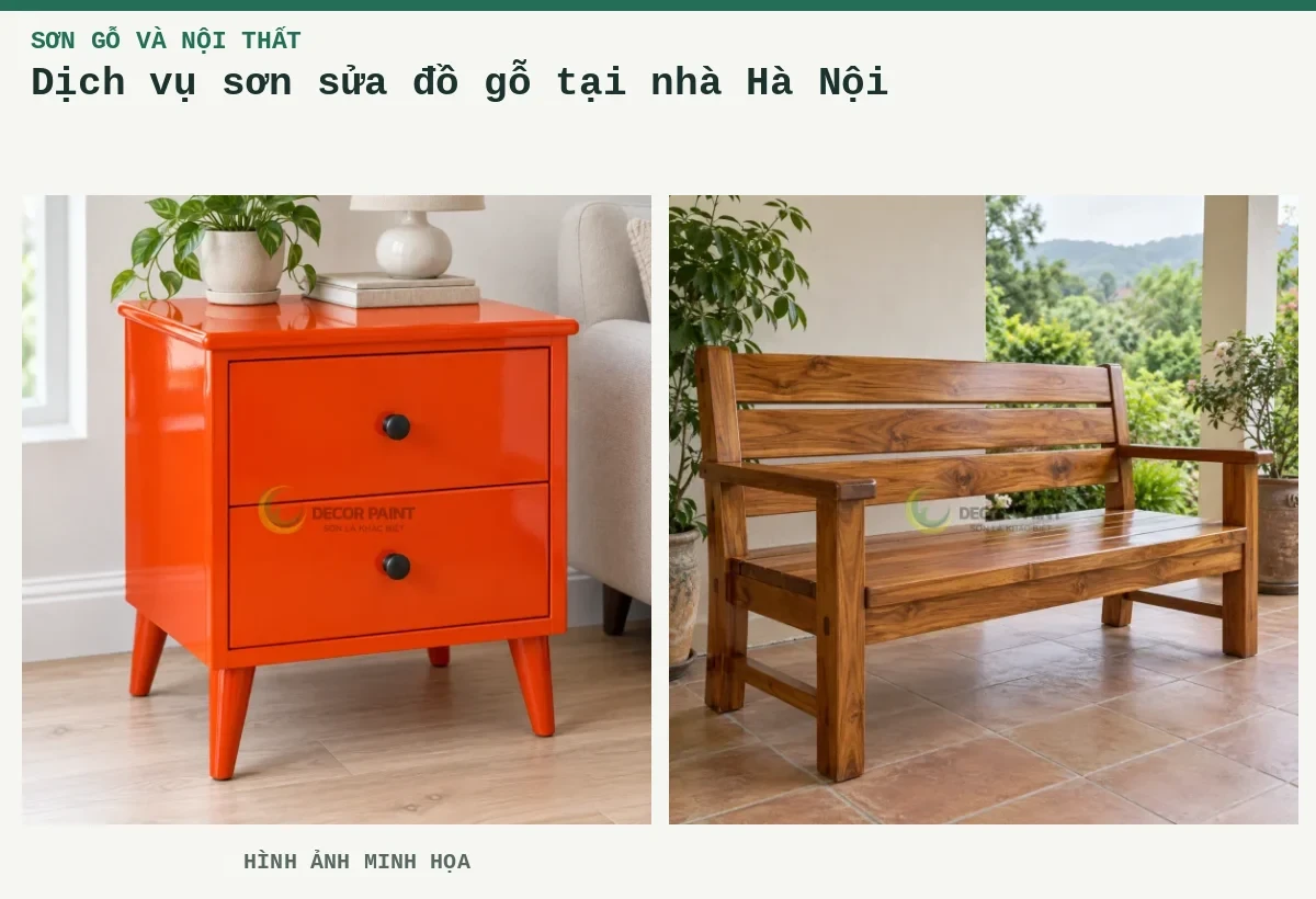Dịch vụ sơn sửa đồ gỗ tại nhà Hà Nội – Hình ảnh minh họa: Tủ gỗ đỏ cam RS003; Ghế băng gỗ phủ trong suốt đặt tại hiên nhà có mái che.