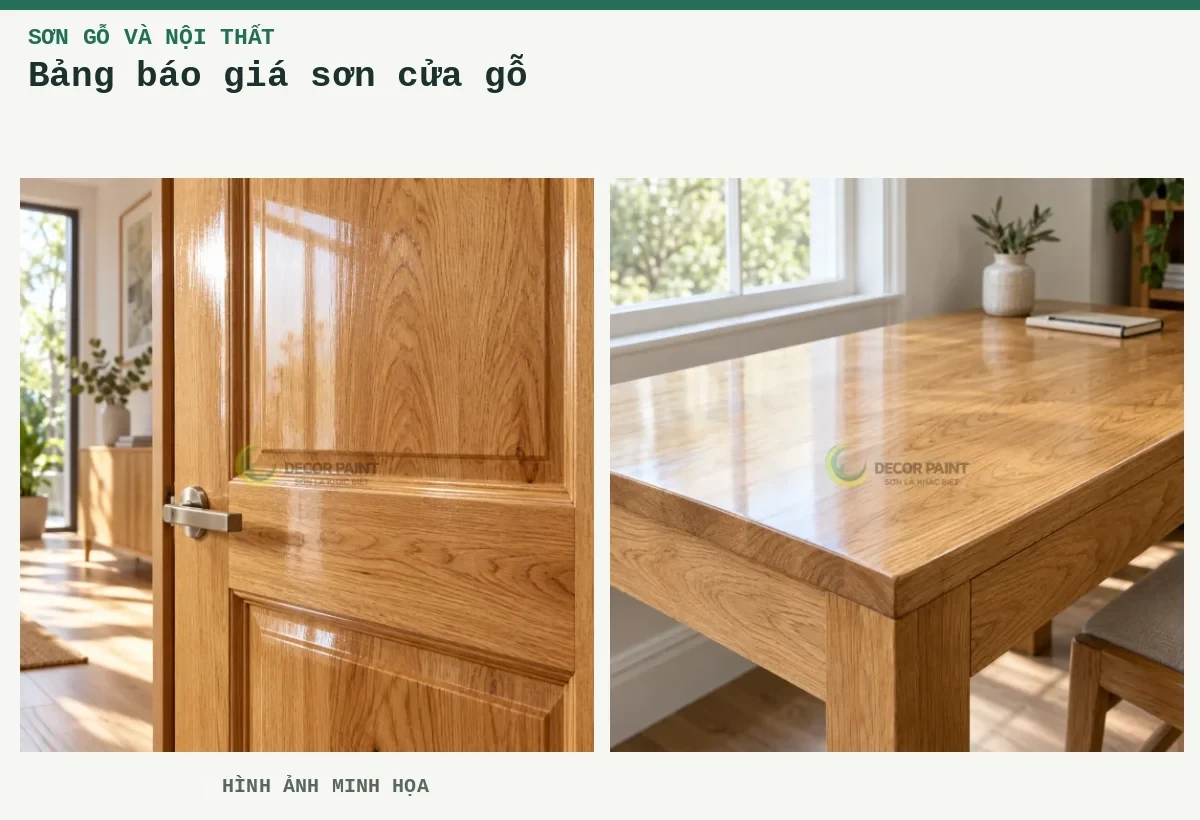 Bảng báo giá sơn cửa gỗ – Hình ảnh minh họa: Cửa gỗ phủ bóng trong; Bàn gỗ sồi phủ trong suốt, làm rõ vân gỗ dưới ánh sáng tự nhiên.