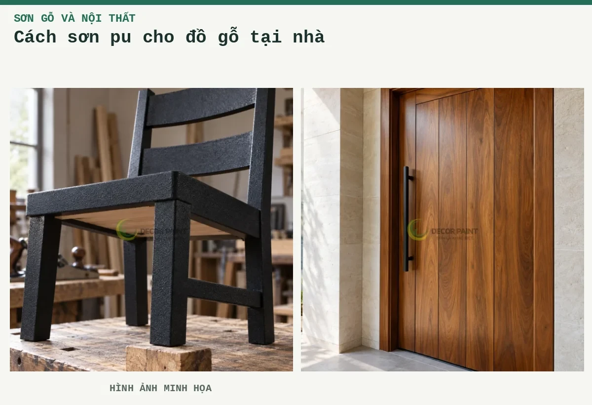 Cách sơn pu cho đồ gỗ tại nhà – Hình ảnh minh họa: Ghế gỗ sơn nhám đen, phần dưới giữ lộ vật liệu gỗ để đối chiếu; Cửa gỗ màu nâu ấm với lớp hoàn thiện trong và tay nắm đen.