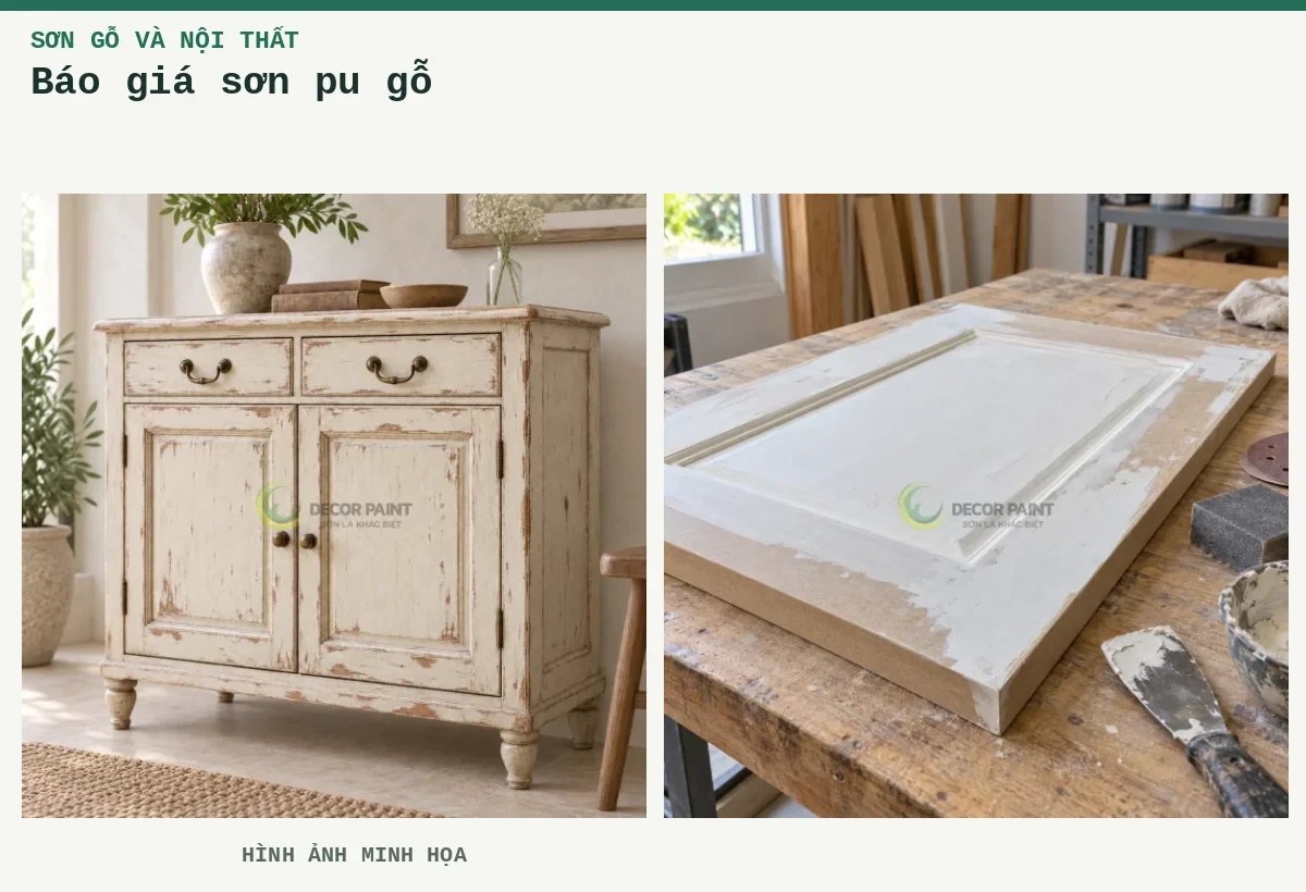 Báo giá sơn pu gỗ – Hình ảnh minh họa: Tủ gỗ sơn trắng ngà giả cổ, tạo vệt mài nâu tại cạnh và chi tiết trang trí; Chuẩn bị cánh gỗ với bột trám trắng.