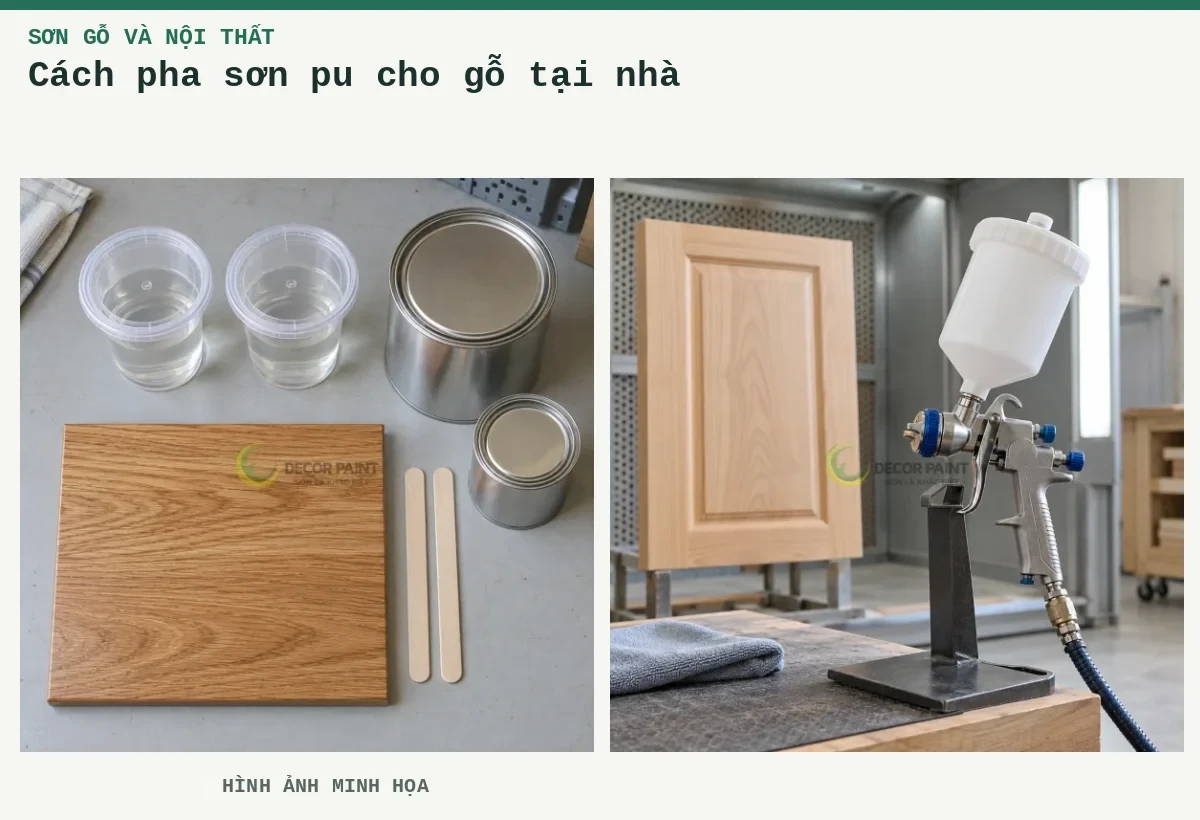 Cách pha sơn pu cho gỗ tại nhà – Hình ảnh minh họa: Minh họa bố trí vật liệu pha sơn PU và mẫu gỗ phủ trong; Súng phun và panel gỗ.