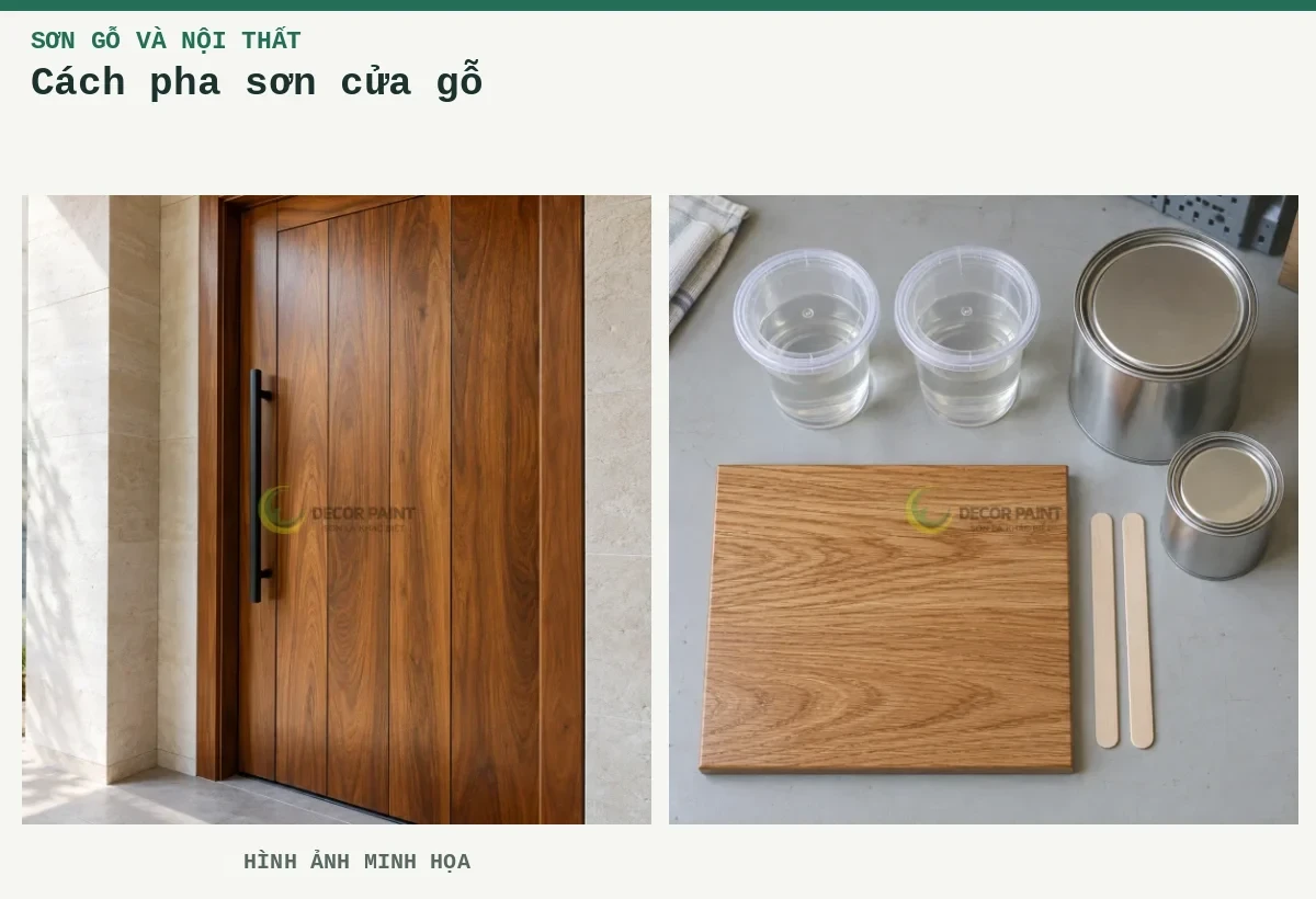 Cách pha sơn cửa gỗ – Hình ảnh minh họa: Cửa gỗ màu nâu ấm với lớp hoàn thiện trong và tay nắm đen; Minh họa bố trí vật liệu pha sơn PU và mẫu gỗ phủ trong.
