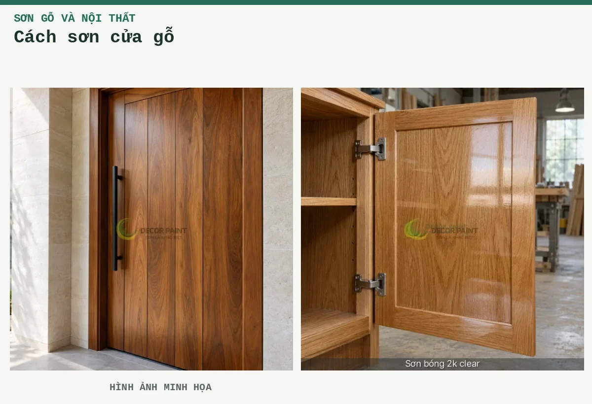 Cách sơn cửa gỗ – Hình ảnh minh họa: Cửa gỗ màu nâu ấm với lớp hoàn thiện trong và tay nắm đen; Cánh tủ gỗ phủ bóng trong, giữ rõ màu và vân gỗ dưới lớp hoàn thiện.
