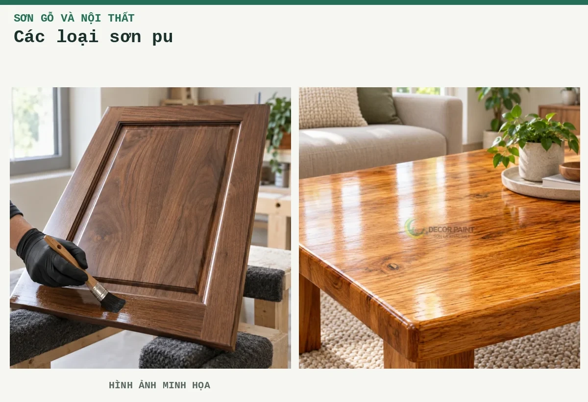 Các loại sơn pu – Hình ảnh minh họa: Cánh tủ gỗ óc chó phủ lớp sơn bóng trong, thao tác quét lớp phủ tại mép dưới trên bàn hoàn thiện; Bàn gỗ phủ bóng trong.