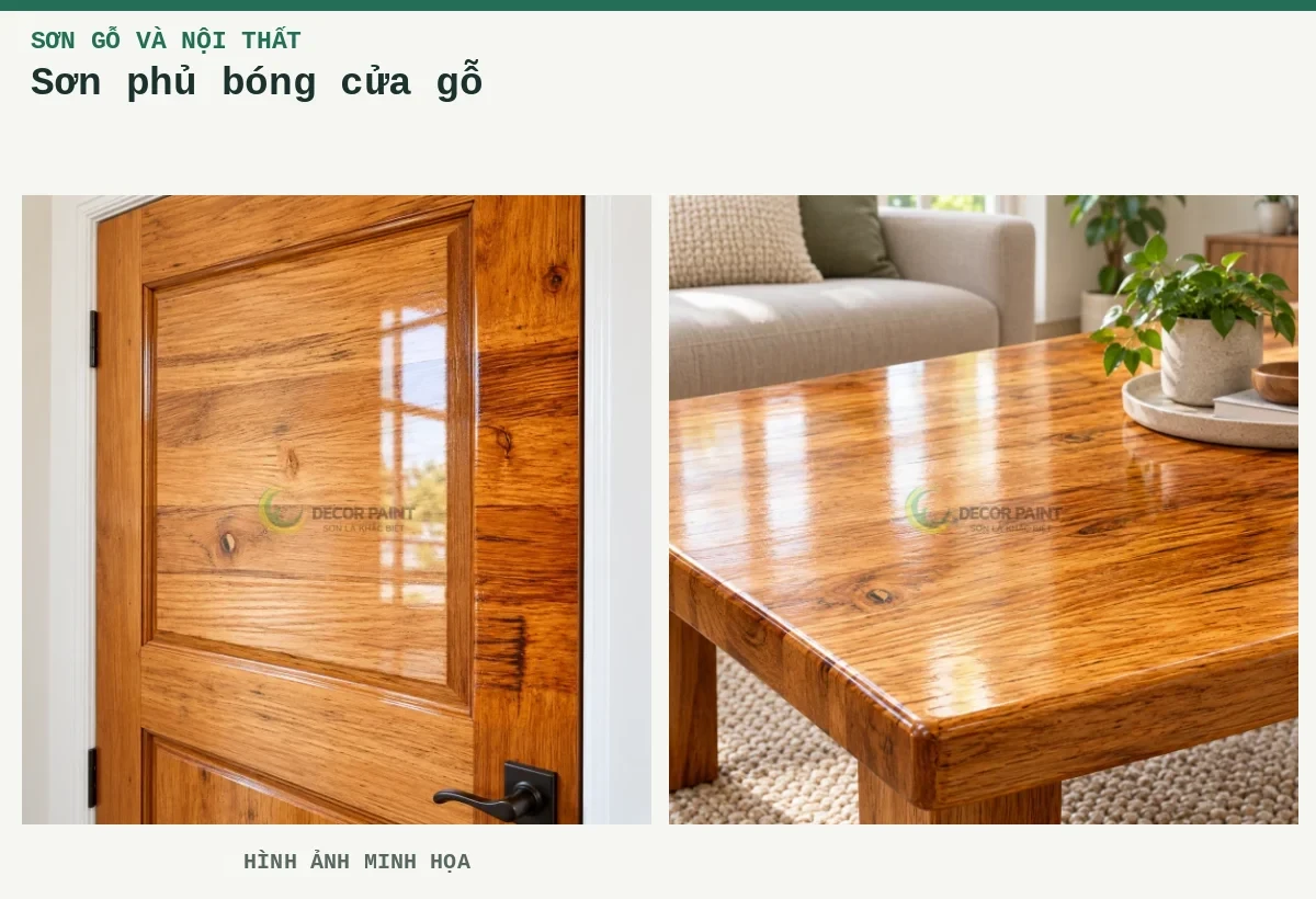 Sơn phủ bóng cửa gỗ – Hình ảnh minh họa: Cửa gỗ phủ bóng trong; Bàn gỗ phủ bóng trong.