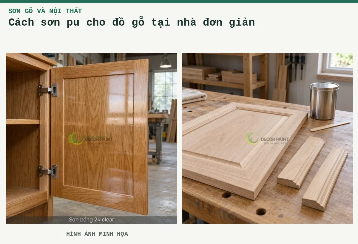 Cách sơn pu cho đồ gỗ tại nhà đơn giản – Hình ảnh minh họa: Cánh tủ gỗ phủ bóng trong, giữ rõ màu và vân gỗ dưới lớp hoàn thiện; Chuẩn bị panel gỗ.