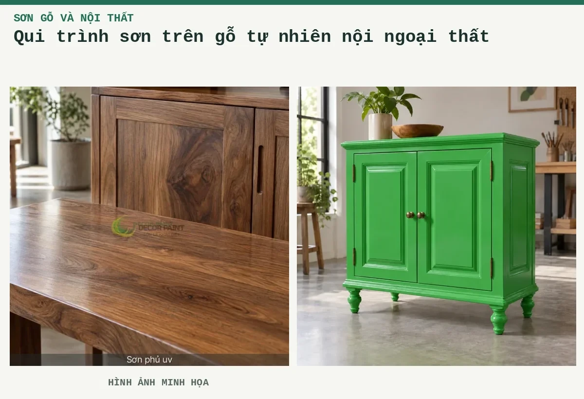 Qui trình sơn trên gỗ tự nhiên nội ngoại thất – Hình ảnh minh họa: Gỗ tự nhiên phủ bóng trong; tủ gỗ hoàn thiện lớp sơn.