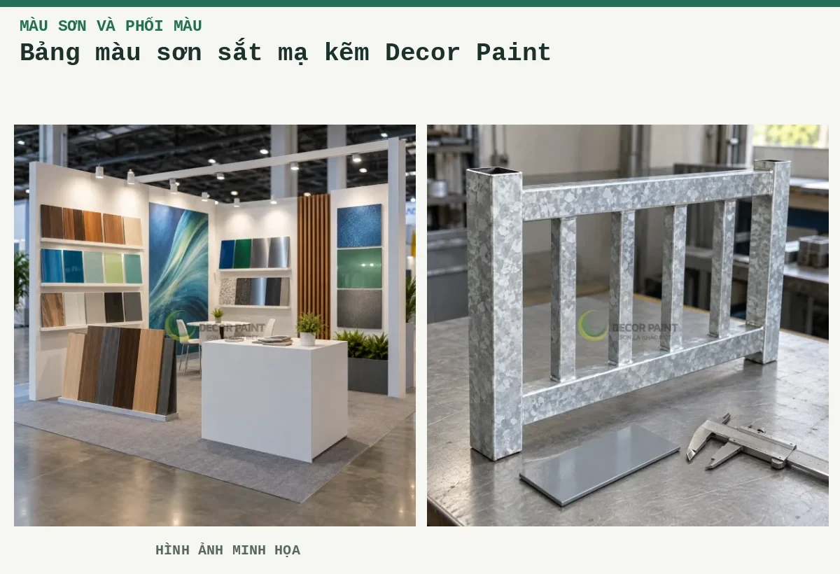 Bảng màu sơn sắt mạ kẽm Decor Paint – Hình ảnh minh họa: Gian trưng bày mẫu sơn và vật liệu; Mẫu hàng rào thép mạ kẽm, tấm màu xám và thước cặp trên bàn.