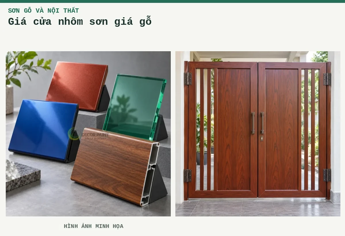 Giá cửa nhôm sơn giá gỗ – Hình ảnh minh họa: Minh họa trưng bày các mẫu sơn trên kim loại, kính và thanh nhôm vân gỗ; Cửa sắt thép 2 cánh sơn giả gỗ cánh gián, panô giữa rộng và dải nan thoáng hẹp, hiên nhà sáng có cây xanh phía xa, góc gần chính diện, thấy rõ kết cấu.