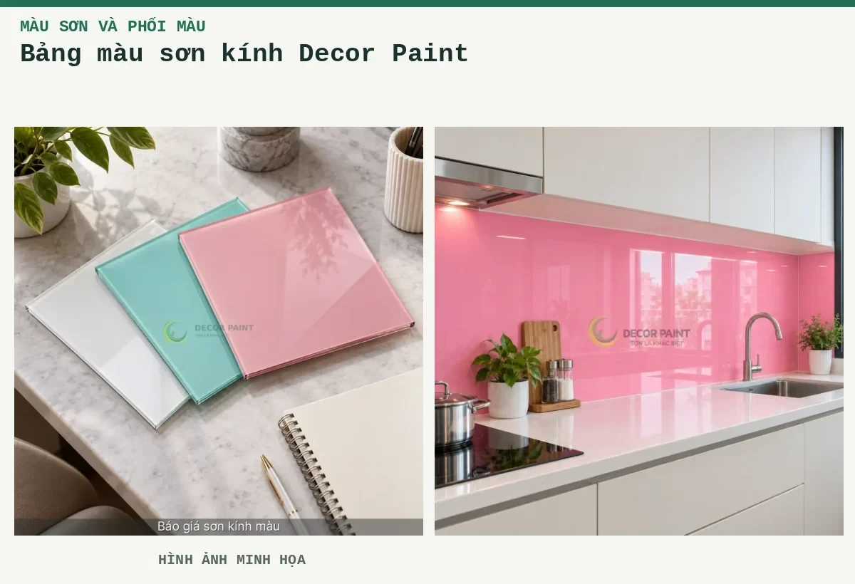 Bảng màu sơn kính Decor Paint – Hình ảnh minh họa: Ba mẫu kính màu trắng, xanh ngọc và hồng để lựa chọn; Kính ốp bếp màu hồng bóng.