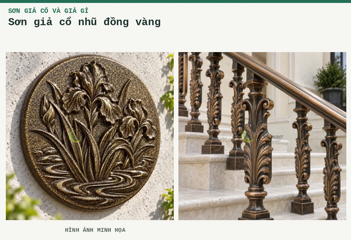 Sơn giả cổ nhũ đồng vàng – Hình ảnh minh họa: Phù điêu giả cổ đen ánh vàng; Lan can kim loại đúc hoàn thiện sơn giả cổ với sắc đồng ấm và họa tiết lá nổi.