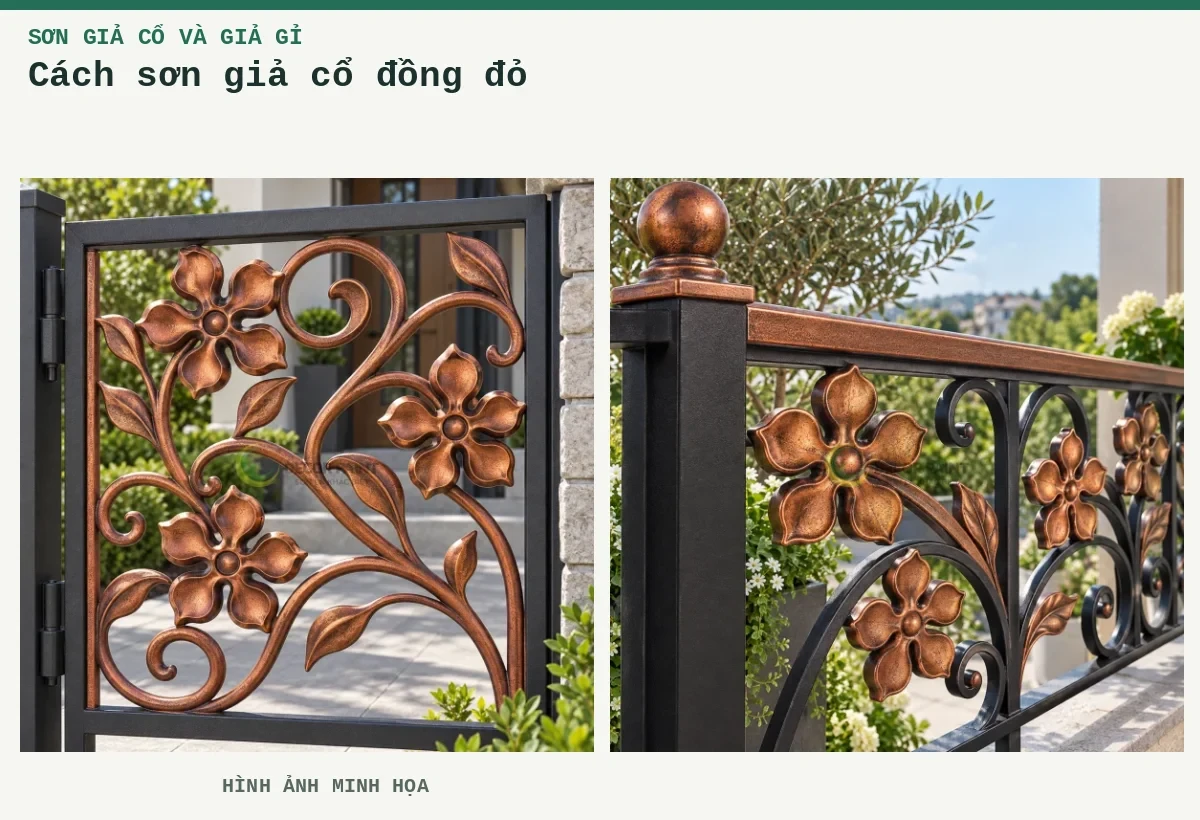 Cách sơn giả cổ đồng đỏ – Hình ảnh minh họa: Tấm hoa sắt đồng đỏ giả cổ; Lan can hoa đồng đỏ giả cổ.