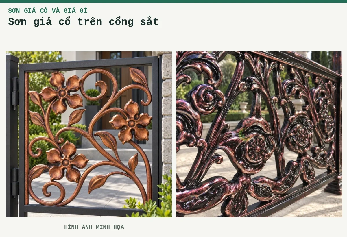 Sơn giả cổ trên cổng sắt – Hình ảnh minh họa: Tấm hoa sắt đồng đỏ giả cổ; Khung sắt giả cổ.