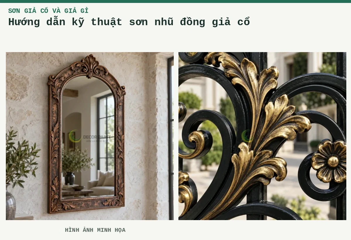 Hướng dẫn kỹ thuật sơn nhũ đồng giả cổ – Hình ảnh minh họa: Khung gương kim loại sơn giả cổ màu đồng, làm rõ họa tiết lá và đường viền nổi; Cận lá nổi đồng giả cổ.