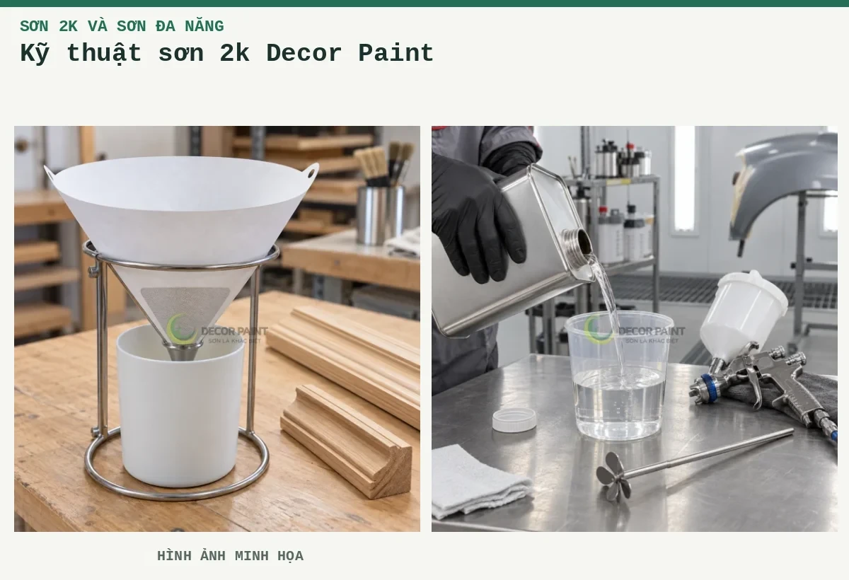 Kỹ thuật sơn 2k Decor Paint – Hình ảnh minh họa: Lọc sơn cho phào gỗ; Chuẩn bị dung môi 2K.