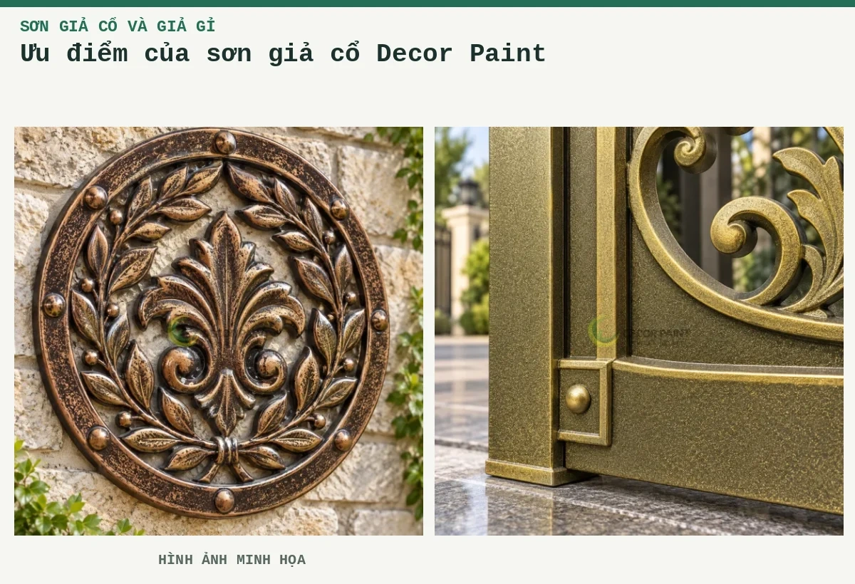 Ưu điểm của sơn giả cổ Decor Paint – Hình ảnh minh họa: Ứng dụng giả cổ số 1; Cận khung giả cổ.