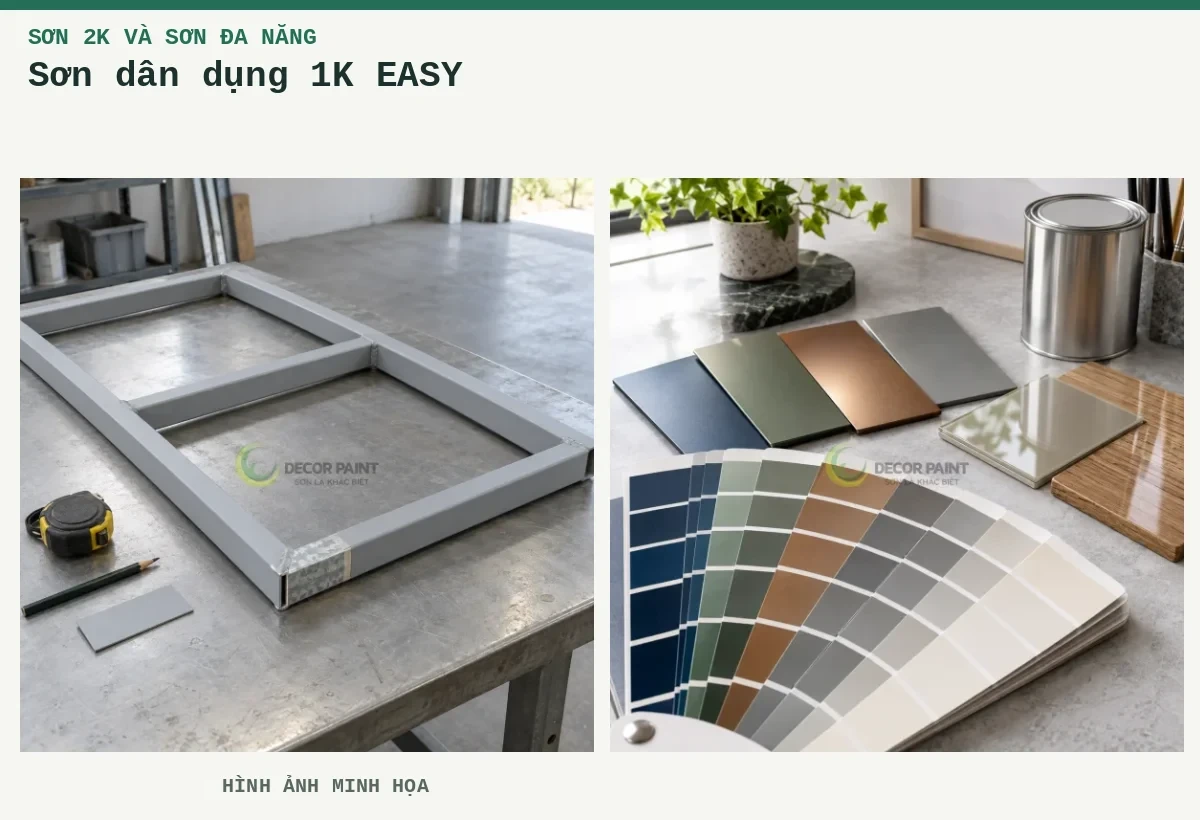 Sơn dân dụng 1K EASY – Hình ảnh minh họa: Minh họa khung thép mạ kẽm phủ sơn chống rỉ và phần mẫu bề mặt kẽm; Minh họa lựa chọn màu và hệ sơn theo mẫu kim loại, kính và gỗ.