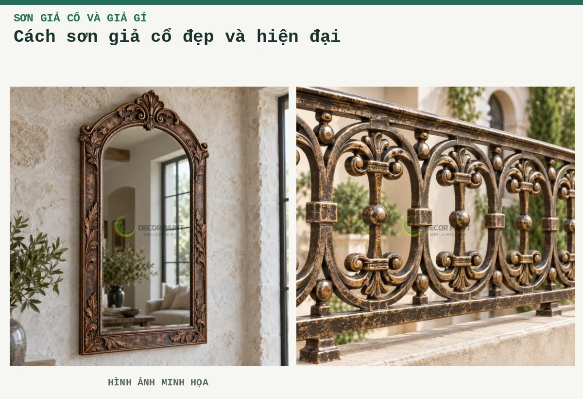 Cách sơn giả cổ đẹp và hiện đại – Hình ảnh minh họa: Khung gương kim loại sơn giả cổ màu đồng, làm rõ họa tiết lá và đường viền nổi; Ứng dụng giả cổ số 3.