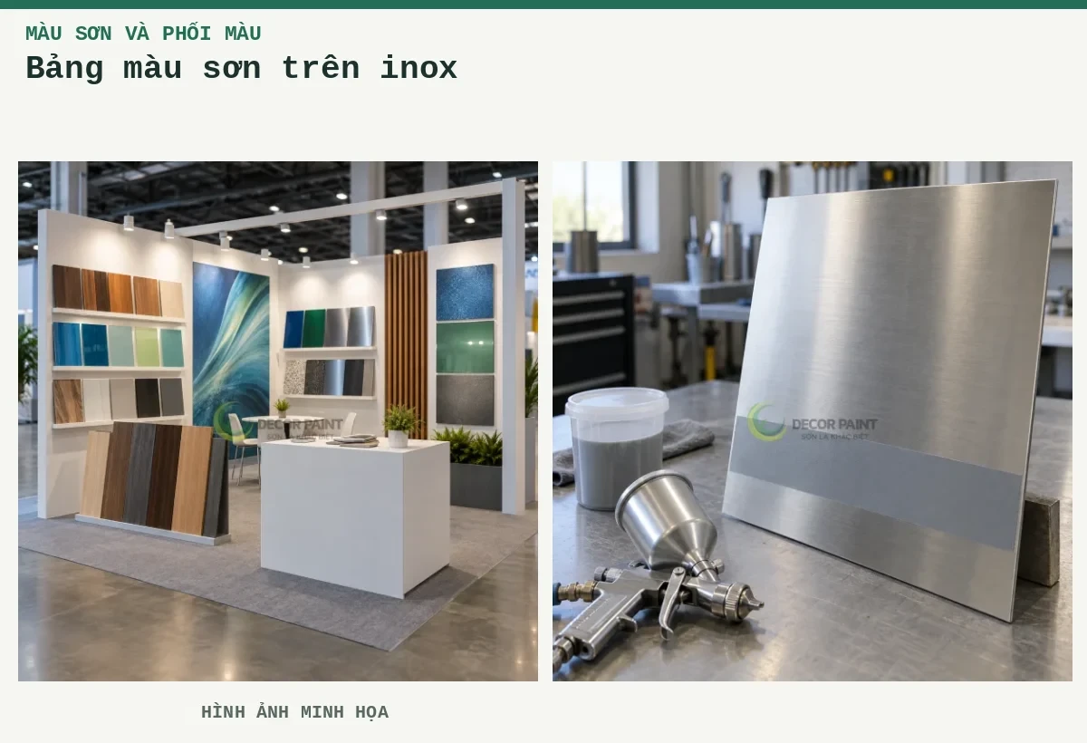 Bảng màu sơn trên inox – Hình ảnh minh họa: Gian trưng bày mẫu sơn và vật liệu; Tấm inox xước với dải phủ thử màu xám, cốc pha và súng phun trên bàn chuẩn bị.