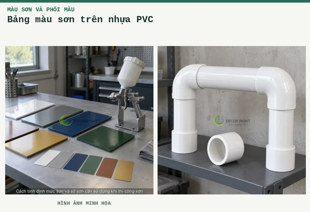 Bảng màu sơn trên nhựa PVC – Hình ảnh minh họa: Mẫu màu và dụng cụ phun sơn; Cụm ống, cút nối và măng sông PVC phủ sơn trắng bóng trên giá kỹ thuật.