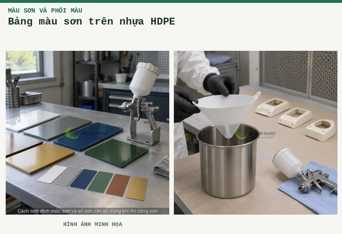 Bảng màu sơn trên nhựa HDPE – Hình ảnh minh họa: Mẫu màu và dụng cụ phun sơn; Chuẩn bị lọc sơn nhựa.