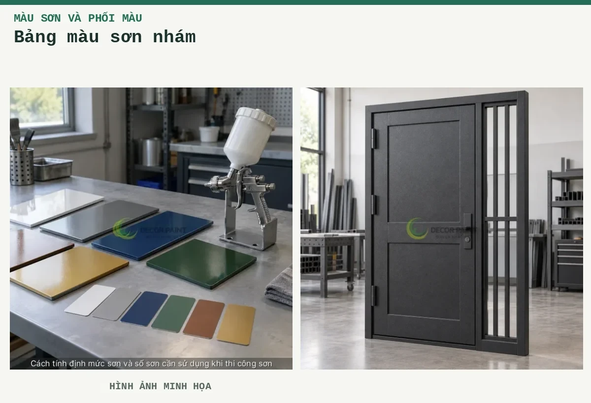 Bảng màu sơn nhám – Hình ảnh minh họa: Mẫu màu và dụng cụ phun sơn; Bộ cửa thép màu đen nhám gồm cánh cửa, khung bao và ô nan bên hông để xác định phần cần sơn.