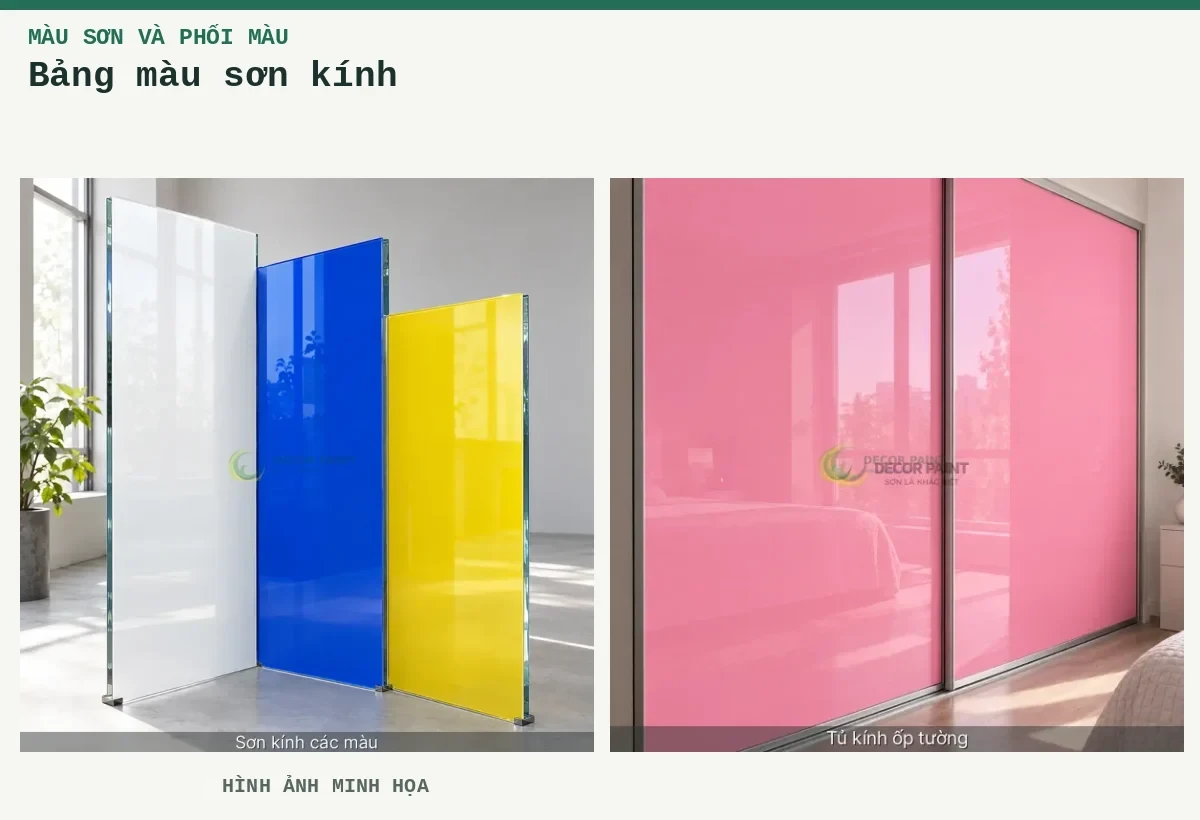 Bảng màu sơn kính – Hình ảnh minh họa: Ba mẫu kính sơn trắng, xanh dương và vàng chanh; Cửa tủ kính màu hồng.