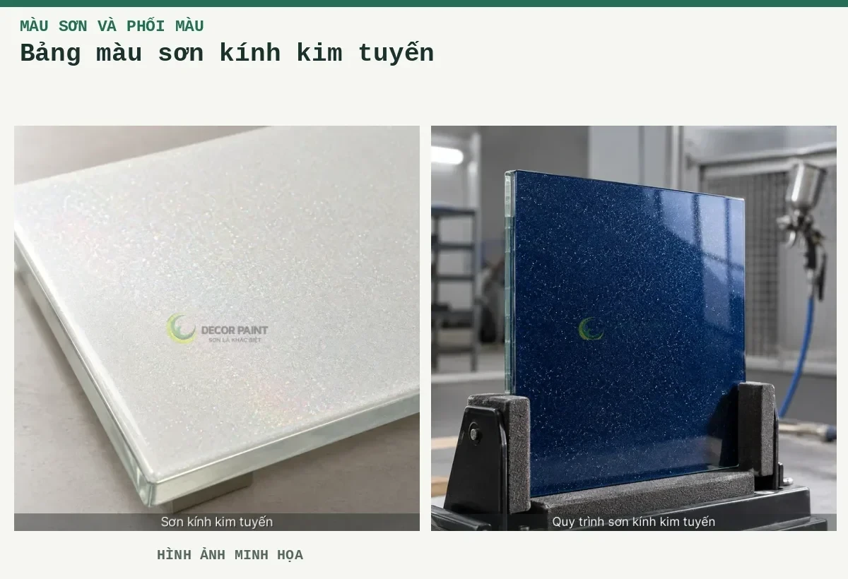 Bảng màu sơn kính kim tuyến – Hình ảnh minh họa: Kính sơn trắng ngọc trai và kim tuyến mịn; Tấm kính xanh dương có hiệu ứng nhũ kim sa mịn.