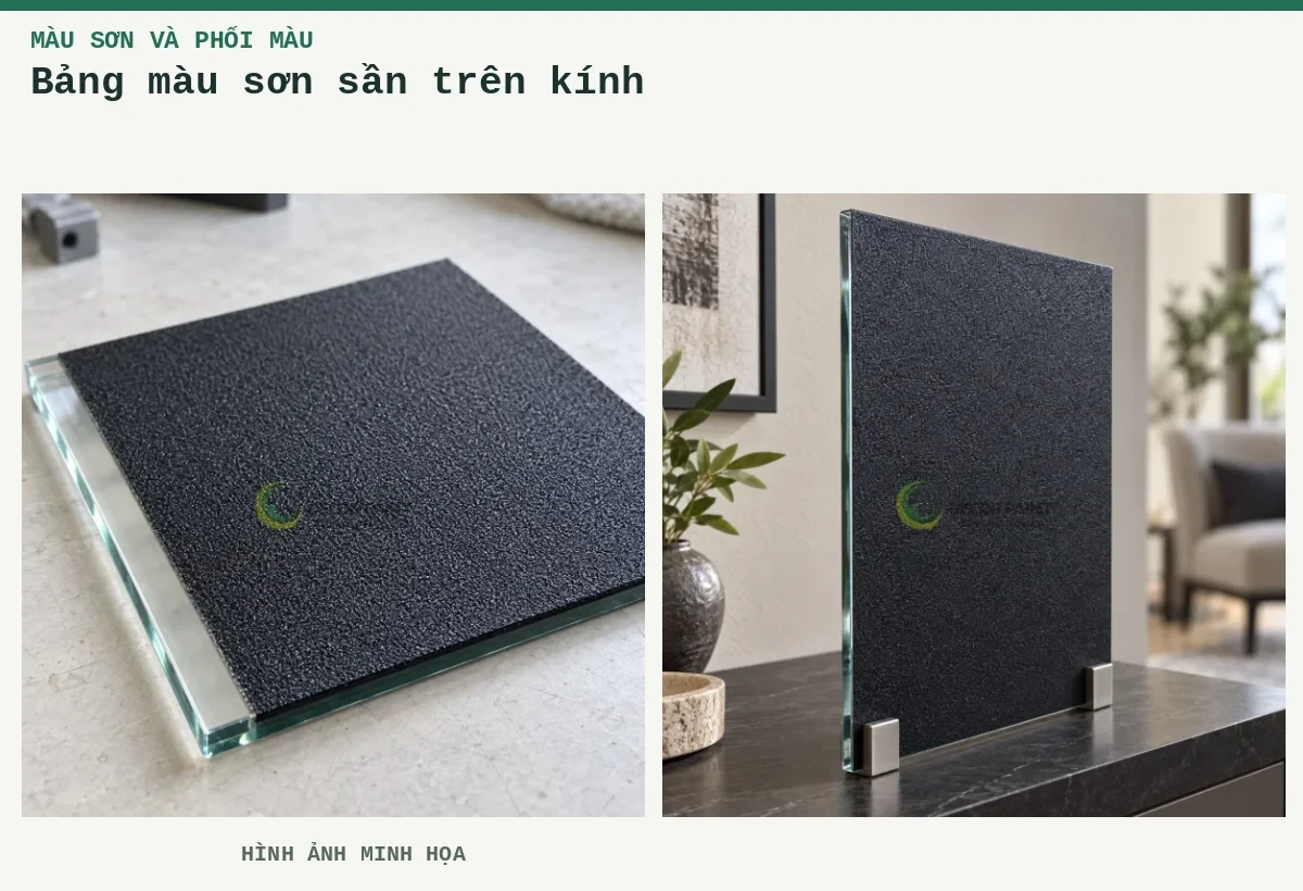 Bảng màu sơn sần trên kính – Hình ảnh minh họa: Tấm kính phủ nhám đen với mép kính trong để đối chiếu bề mặt; Tấm kính trang trí phủ sơn nhám đen đặt trên chân đỡ kim loại.
