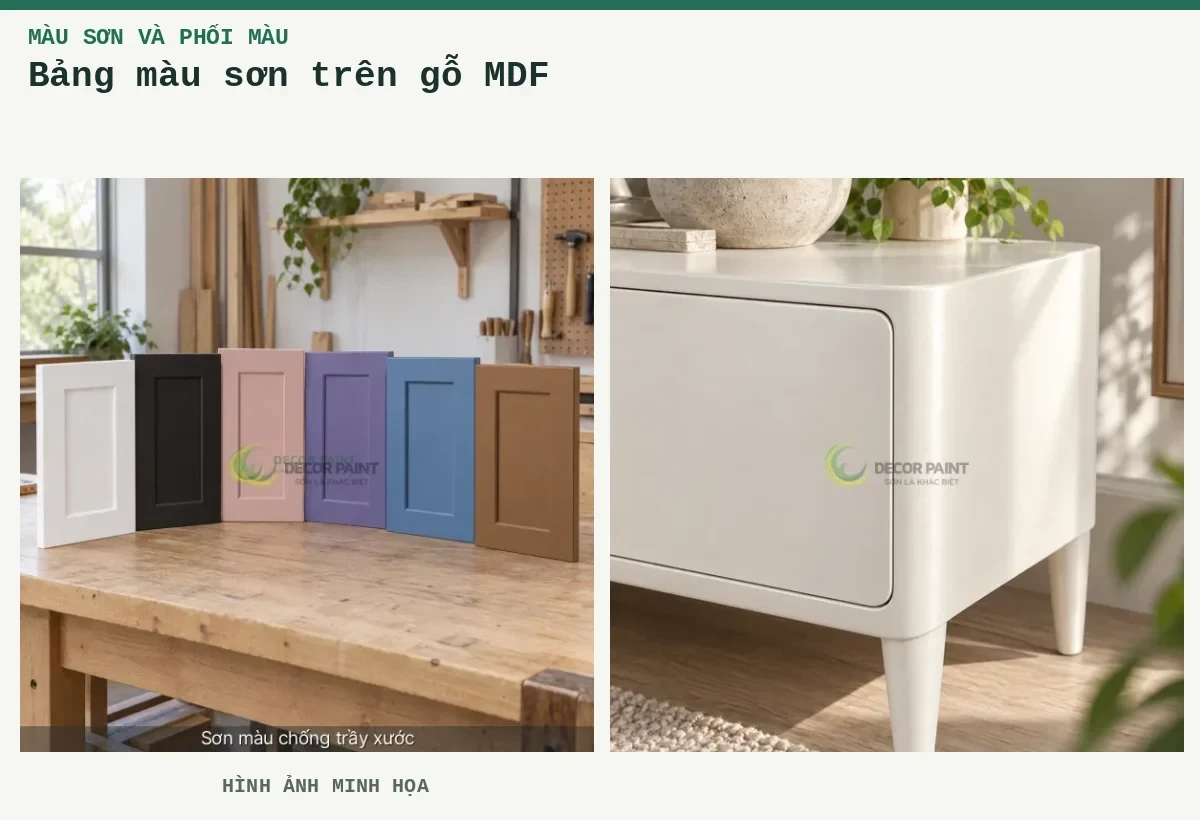 Bảng màu sơn trên gỗ MDF – Hình ảnh minh họa: Các mẫu sơn màu trên cánh tủ gỗ; Tủ gỗ hoàn thiện nhũ trắng.