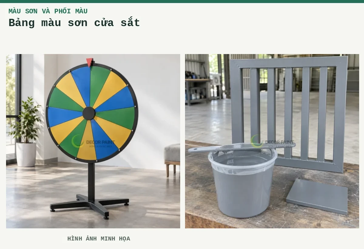 Bảng màu sơn cửa sắt – Hình ảnh minh họa: Vòng quay nhiều màu; Minh họa sơn màu ghi và mẫu cửa sắt cùng màu hoàn thiện.