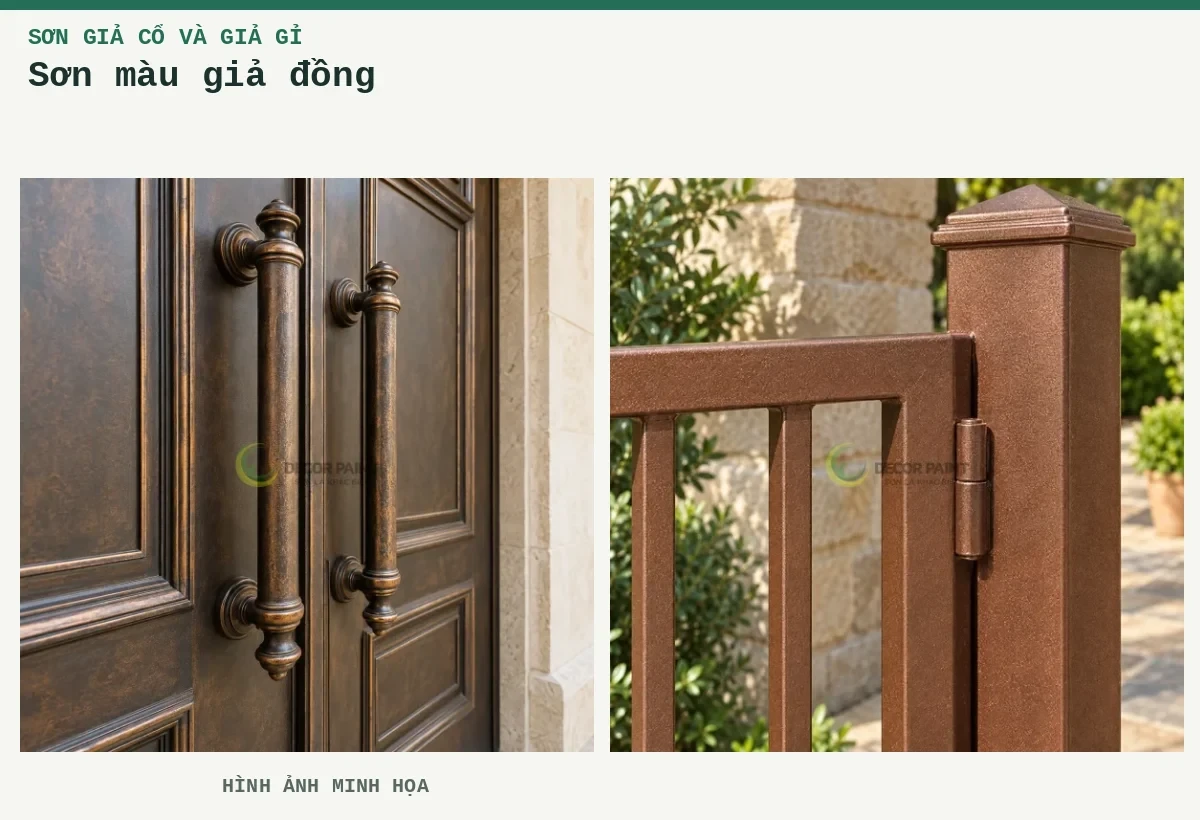 Sơn màu giả đồng – Hình ảnh minh họa: Tay nắm và panel cửa kim loại phủ sơn giả đồng cổ, tạo sắc đồng ấm trên nền tối; Chi tiết cổng màu đồng đỏ.