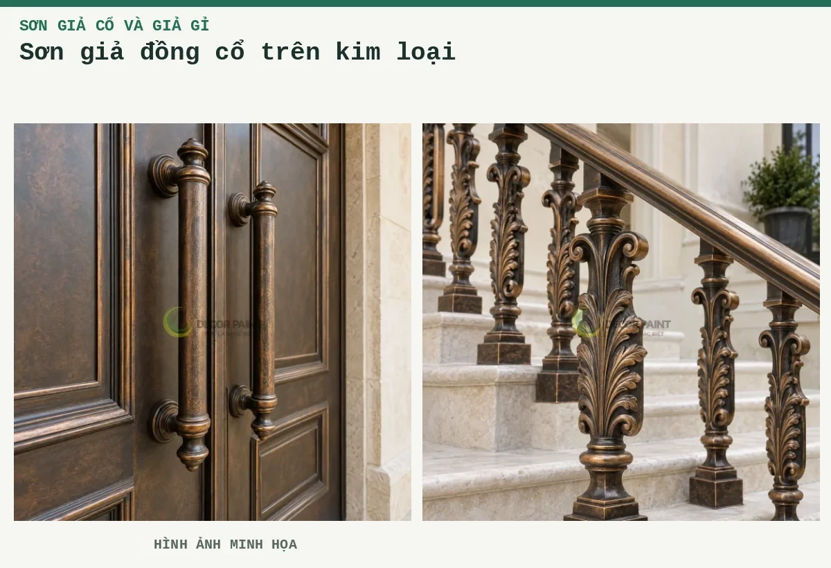 Sơn giả đồng cổ trên kim loại – Hình ảnh minh họa: Tay nắm và panel cửa kim loại phủ sơn giả đồng cổ, tạo sắc đồng ấm trên nền tối; Lan can kim loại đúc hoàn thiện sơn giả cổ với sắc đồng ấm và họa tiết lá nổi.