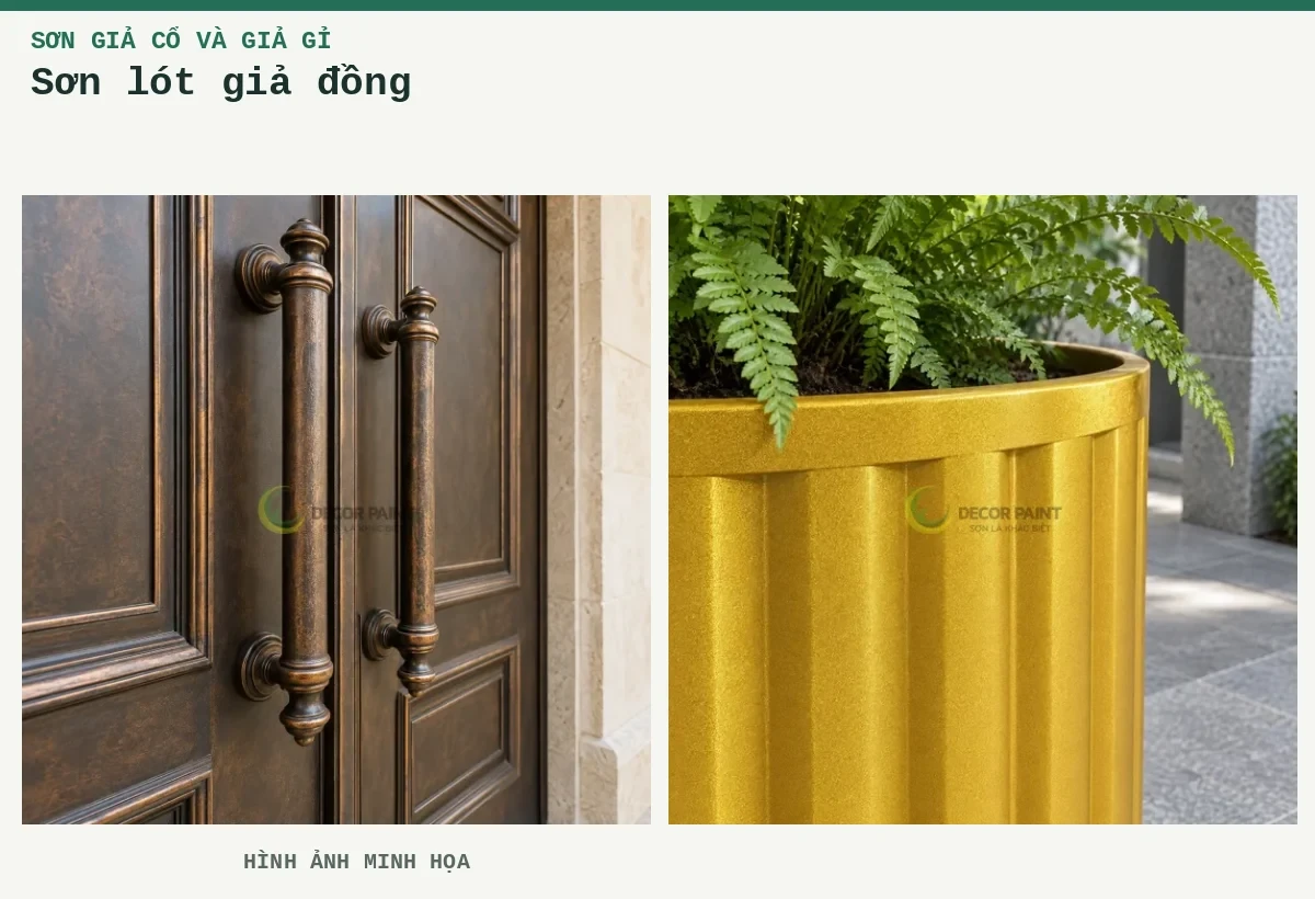Sơn lót giả đồng – Hình ảnh minh họa: Tay nắm và panel cửa kim loại phủ sơn giả đồng cổ, tạo sắc đồng ấm trên nền tối; Chậu kim loại gân dọc vàng nghệ - 5.0 Kg - Sơn nhũ đồng ca may vàng nghệ 1 thành phần.