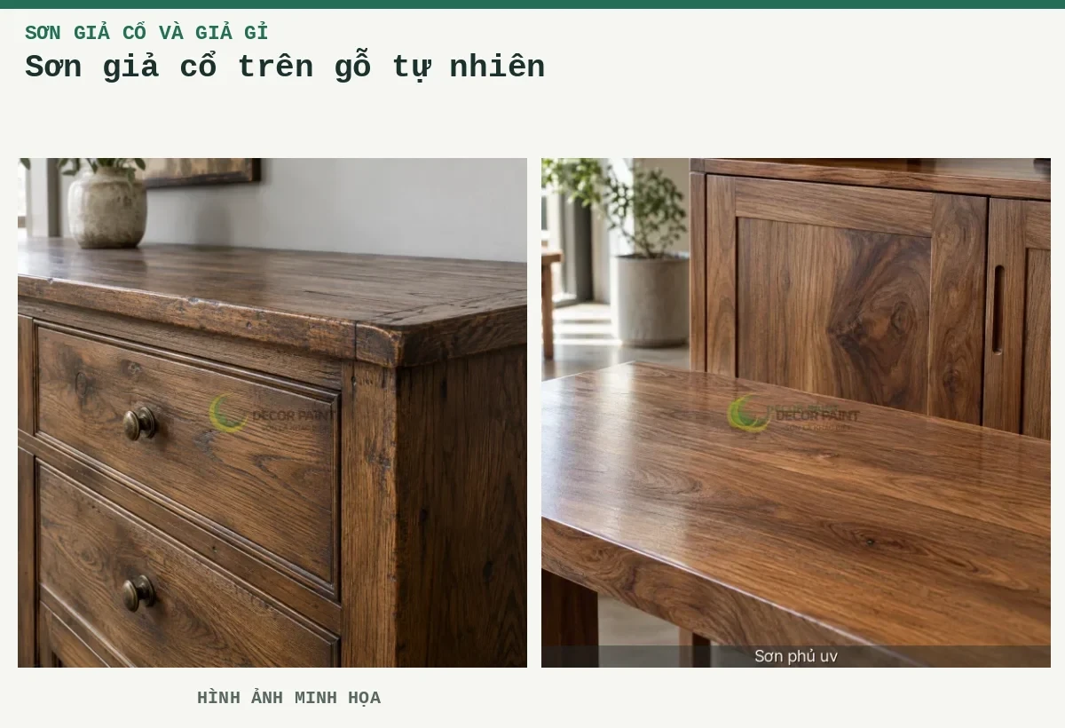 Sơn giả cổ trên gỗ tự nhiên – Hình ảnh minh họa: Bề mặt tủ gỗ tự nhiên hoàn thiện nâu giả cổ, giữ rõ vân gỗ và tạo hiệu ứng cũ tại cạnh; Gỗ tự nhiên phủ bóng trong.