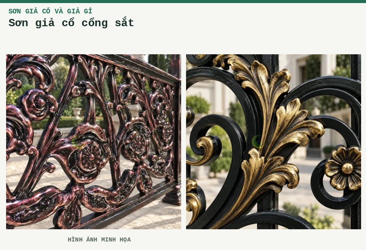 Sơn giả cổ cổng sắt – Hình ảnh minh họa: Khung sắt giả cổ; Cận lá nổi đồng giả cổ.