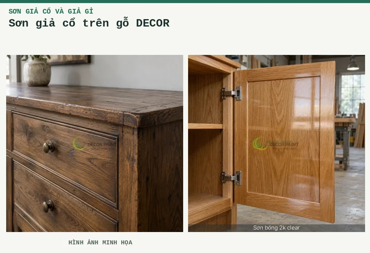Sơn giả cổ trên gỗ DECOR – Hình ảnh minh họa: Bề mặt tủ gỗ tự nhiên hoàn thiện nâu giả cổ, giữ rõ vân gỗ và tạo hiệu ứng cũ tại cạnh; Cánh tủ gỗ phủ bóng trong, giữ rõ màu và vân gỗ dưới lớp hoàn thiện.