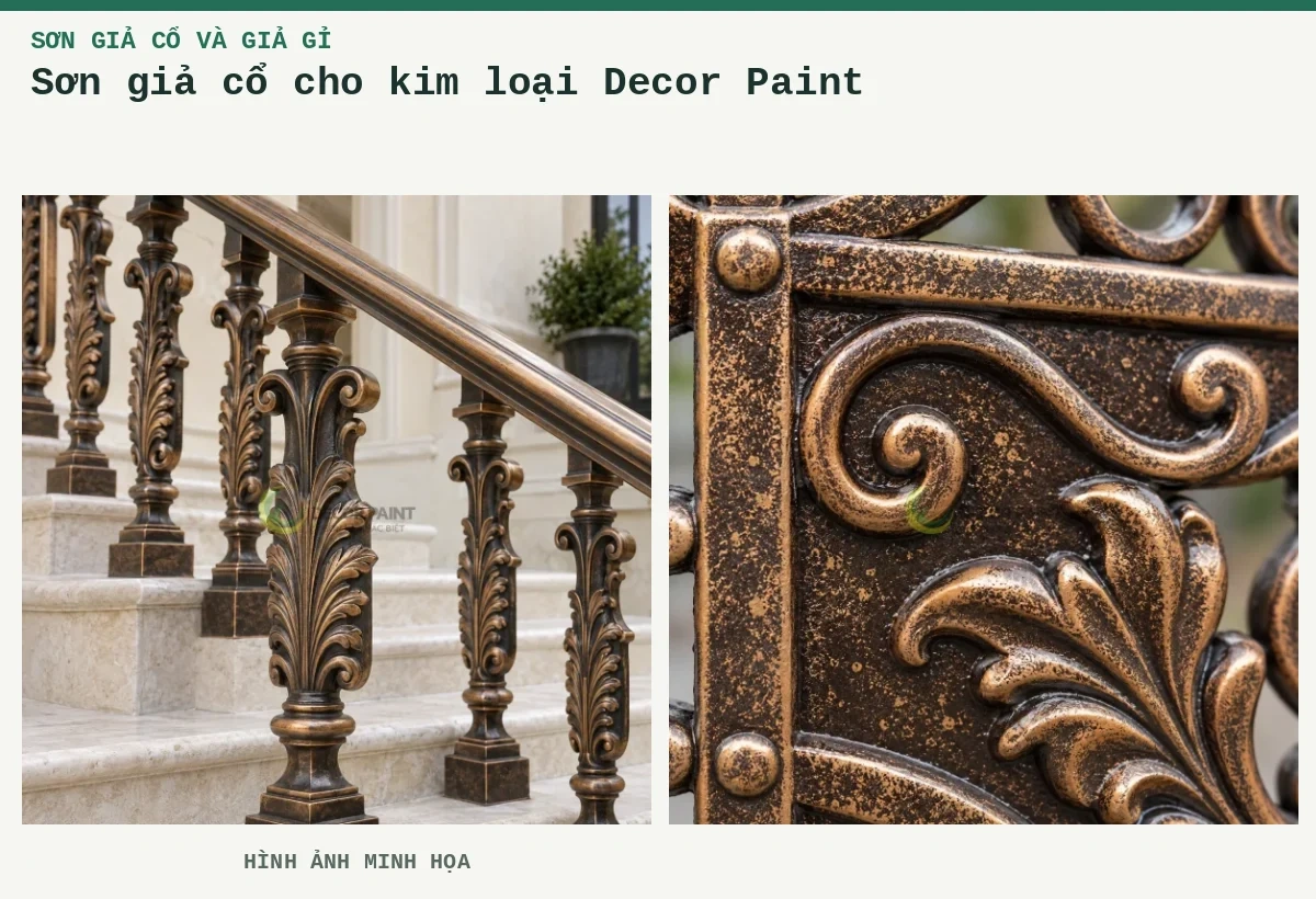 Sơn giả cổ cho kim loại Decor Paint – Hình ảnh minh họa: Lan can kim loại đúc hoàn thiện sơn giả cổ với sắc đồng ấm và họa tiết lá nổi; Chi tiết giả cổ số 2.