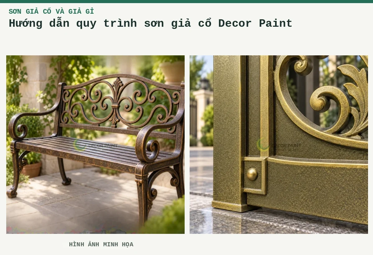 Hướng dẫn quy trình sơn giả cổ Decor Paint – Hình ảnh minh họa: Ghế sắt sân vườn phủ sơn giả cổ màu đồng, làm rõ hoa văn và đường cong của khung sắt; Cận khung giả cổ.