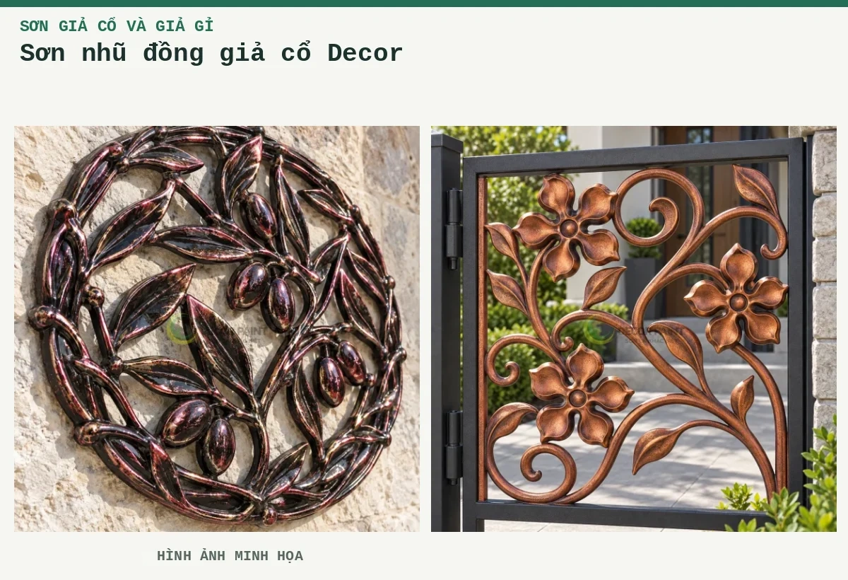Sơn nhũ đồng giả cổ Decor – Hình ảnh minh họa: Cổng giả cổ đen ánh đồng; Tấm hoa sắt đồng đỏ giả cổ.