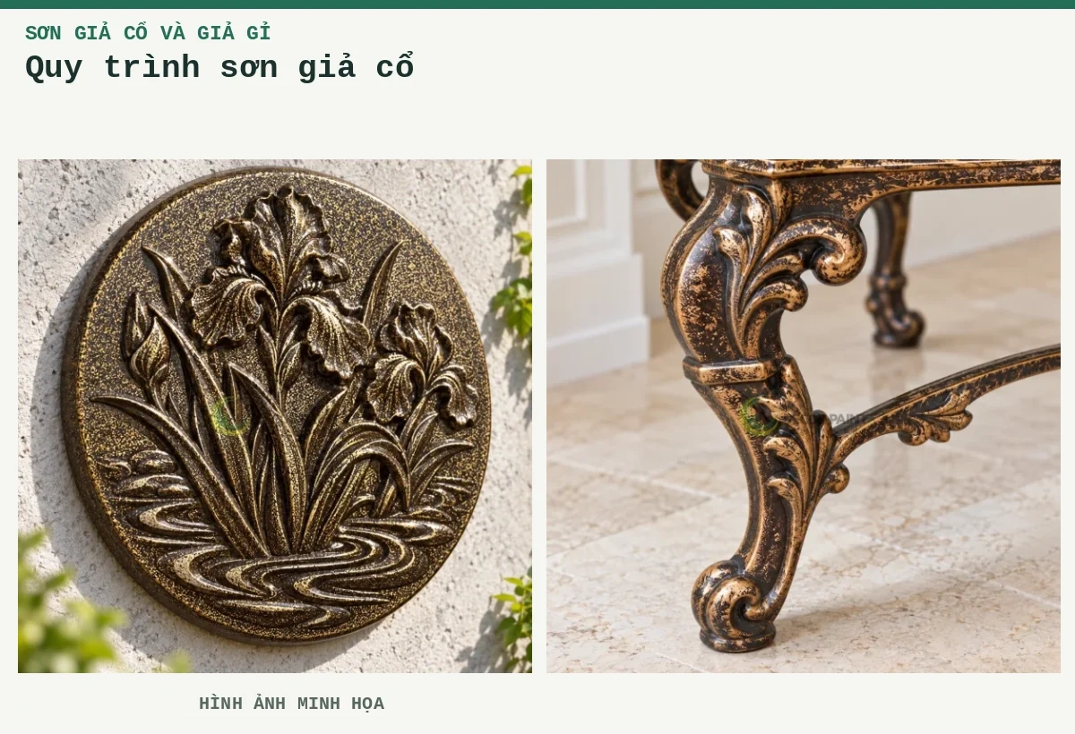 Quy trình sơn giả cổ – Hình ảnh minh họa: Phù điêu giả cổ đen ánh vàng; Chi tiết giả cổ số 4.