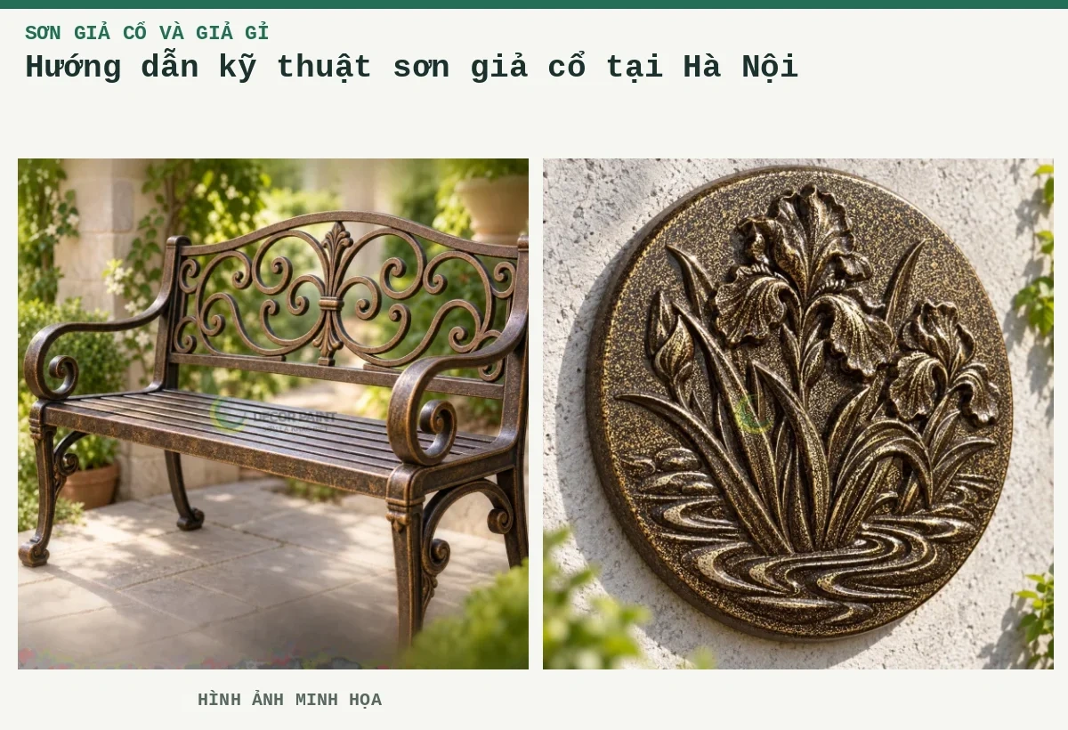 Hướng dẫn kỹ thuật sơn giả cổ tại Hà Nội – Hình ảnh minh họa: Ghế sắt sân vườn phủ sơn giả cổ màu đồng, làm rõ hoa văn và đường cong của khung sắt; Phù điêu giả cổ đen ánh vàng.