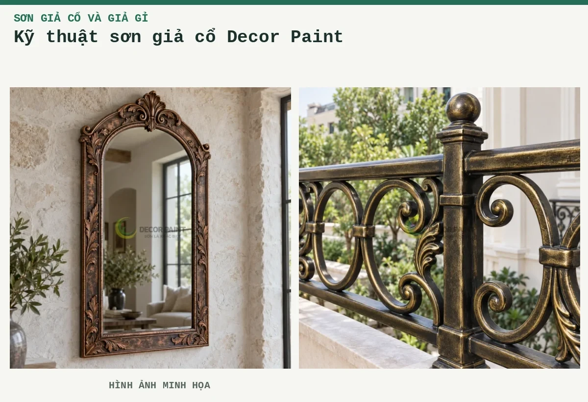Kỹ thuật sơn giả cổ Decor Paint – Hình ảnh minh họa: Khung gương kim loại sơn giả cổ màu đồng, làm rõ họa tiết lá và đường viền nổi; Lan can ban công giả cổ.