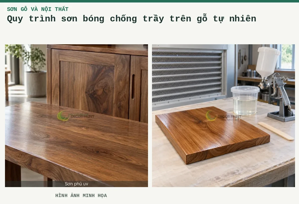 Quy trình sơn bóng chống trầy trên gỗ tự nhiên – Hình ảnh minh họa: Gỗ tự nhiên phủ bóng trong; Minh họa chuẩn bị sơn phủ trong cho mẫu gỗ tự nhiên.