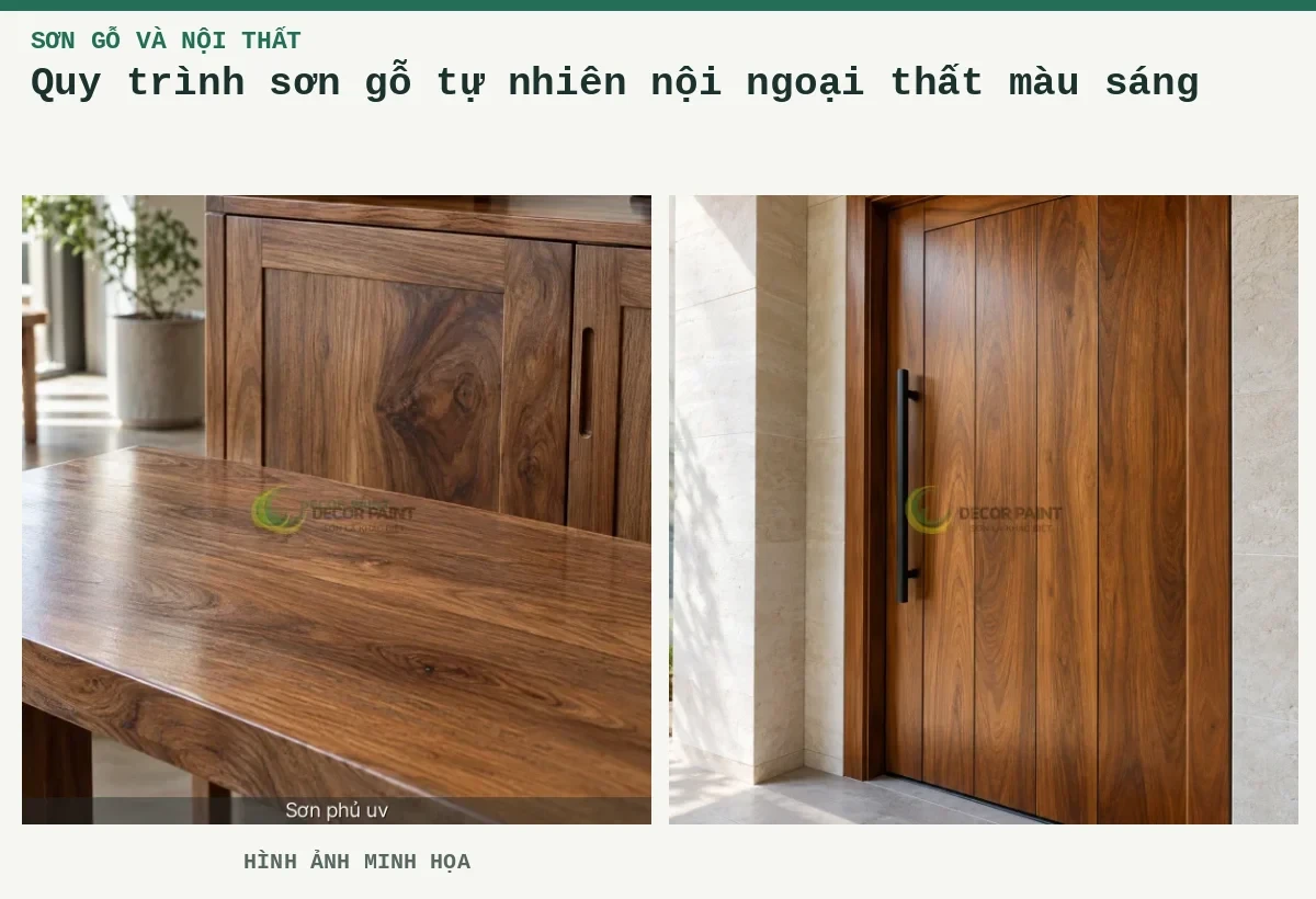 Quy trình sơn gỗ tự nhiên nội ngoại thất màu sáng – Hình ảnh minh họa: Gỗ tự nhiên phủ bóng trong; Cửa gỗ màu nâu ấm với lớp hoàn thiện trong và tay nắm đen.